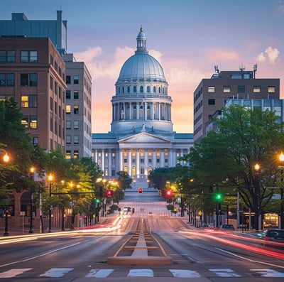 a road leading to the State Capitol in Madison, Wisconsin