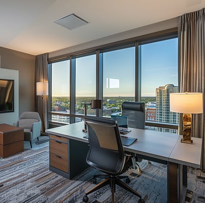 a suite with an office desk, a chair, and a table lamp in Madison, Wisconsin