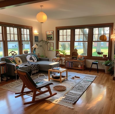 a living room with a couch and rocking chair of a house in Madison, Wisconsin