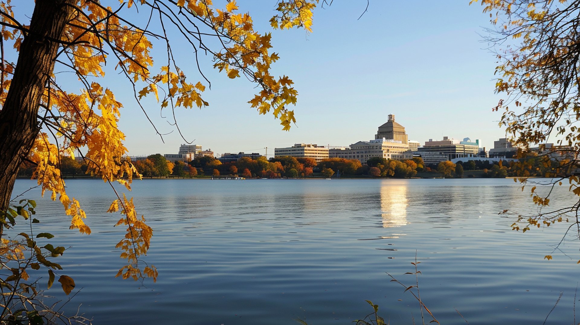 A lake besides a city