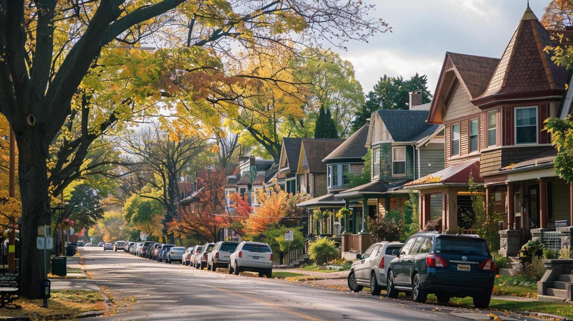 A road inside a residential area with parking cars