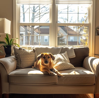 a dog laying on a couch in a living room of a pet-friendly house in Madison, Wisconsin