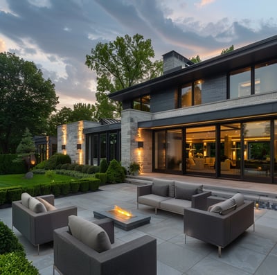 a patio with a fire pit of a villa in Madison, Wisconsin