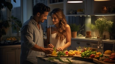 A couple preparing dinner in a rental home's kitchen A couple preparing dinner in a rental home's kitchen
