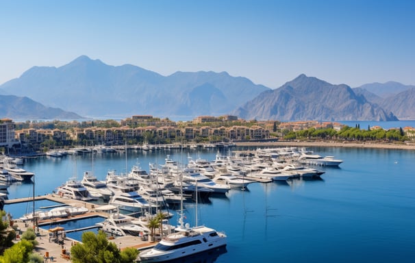 A panoramic shot of the bustling marina in Antalya Yacht Harbor A panoramic shot of the bustling marina in Antalya Yacht Harbor