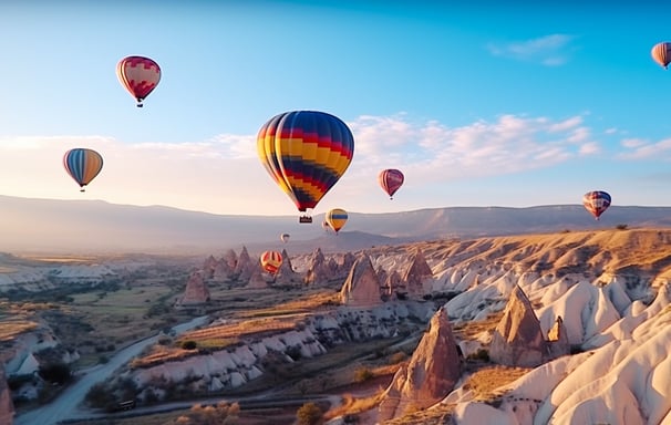 Cappadocia's chimney-rock formations as hot air balloons glide over Cappadocia's chimney-rock formations as hot air balloons glide over