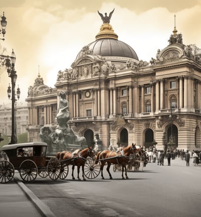 A horse-drawn carriage parked in front of a grand building, showcasing a blend of elegance and history.