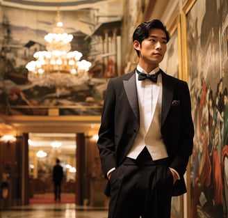  A man in a tuxedo standing in a hallway.