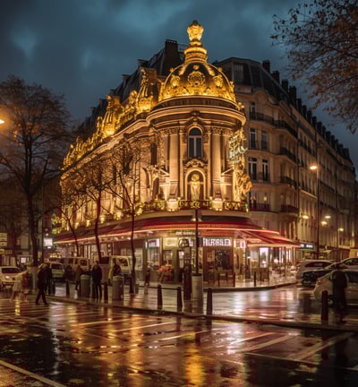 A building with a golden roof illuminated by streetlights on a rainy night, creating a captivating scene.
