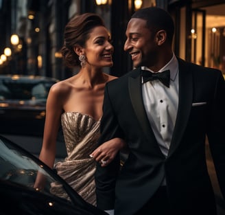 A man and woman in formal attire standing next to a car.