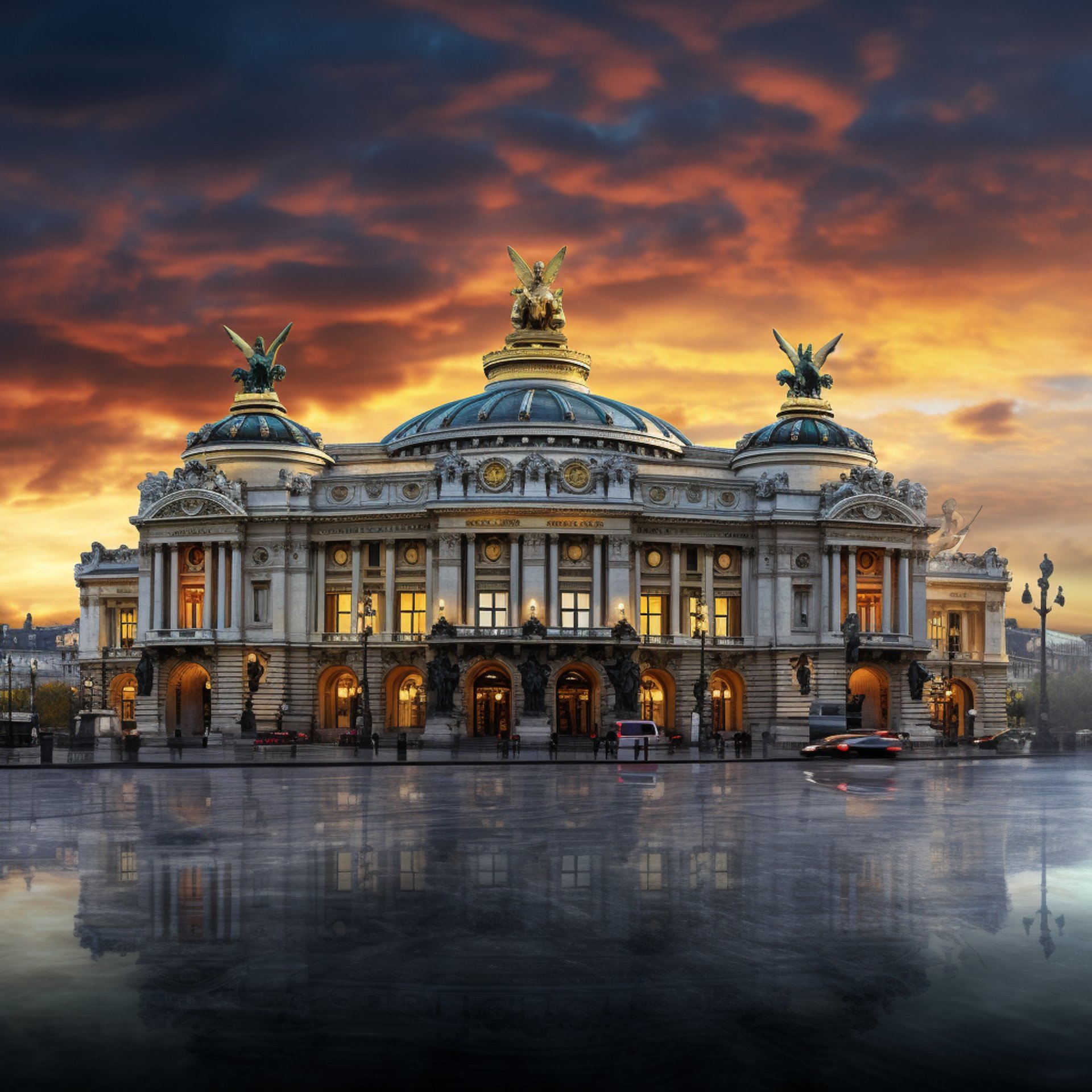 Beautiful Hotel Paris Opera house captured during sunset