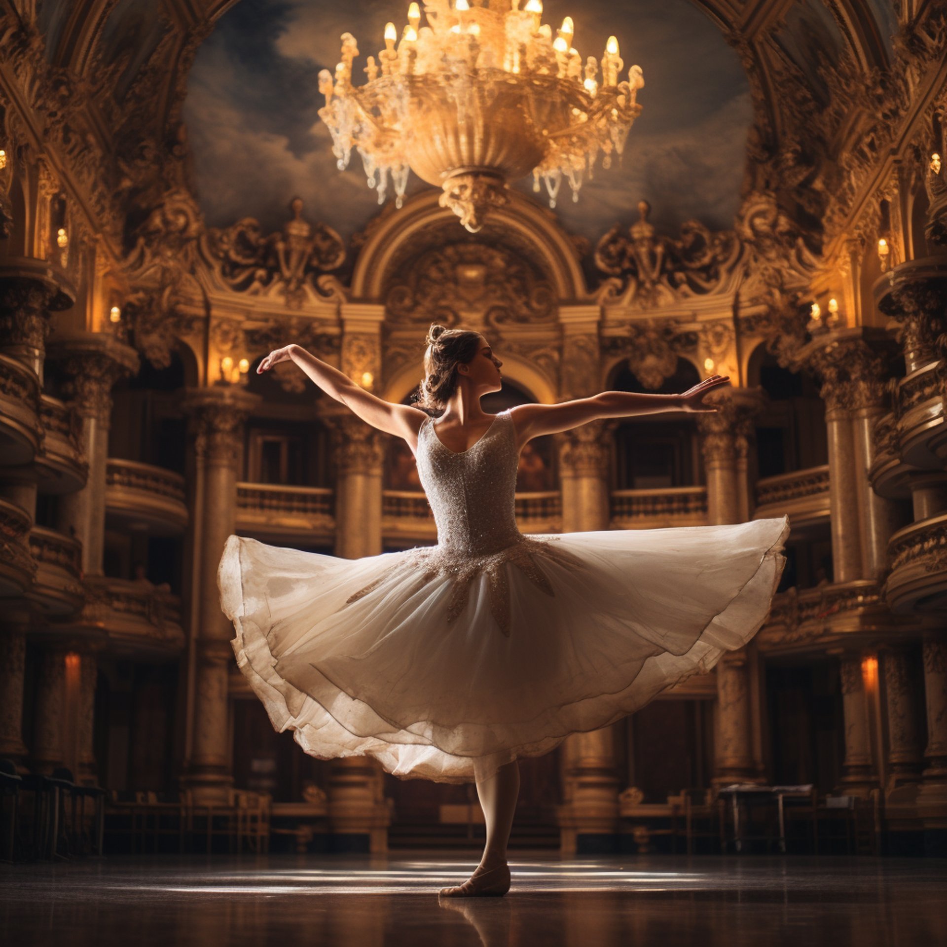 Ballerina performing in ornate theater, embodying Parisian elegance near Paris Opera, illuminated by a grand chandelier.