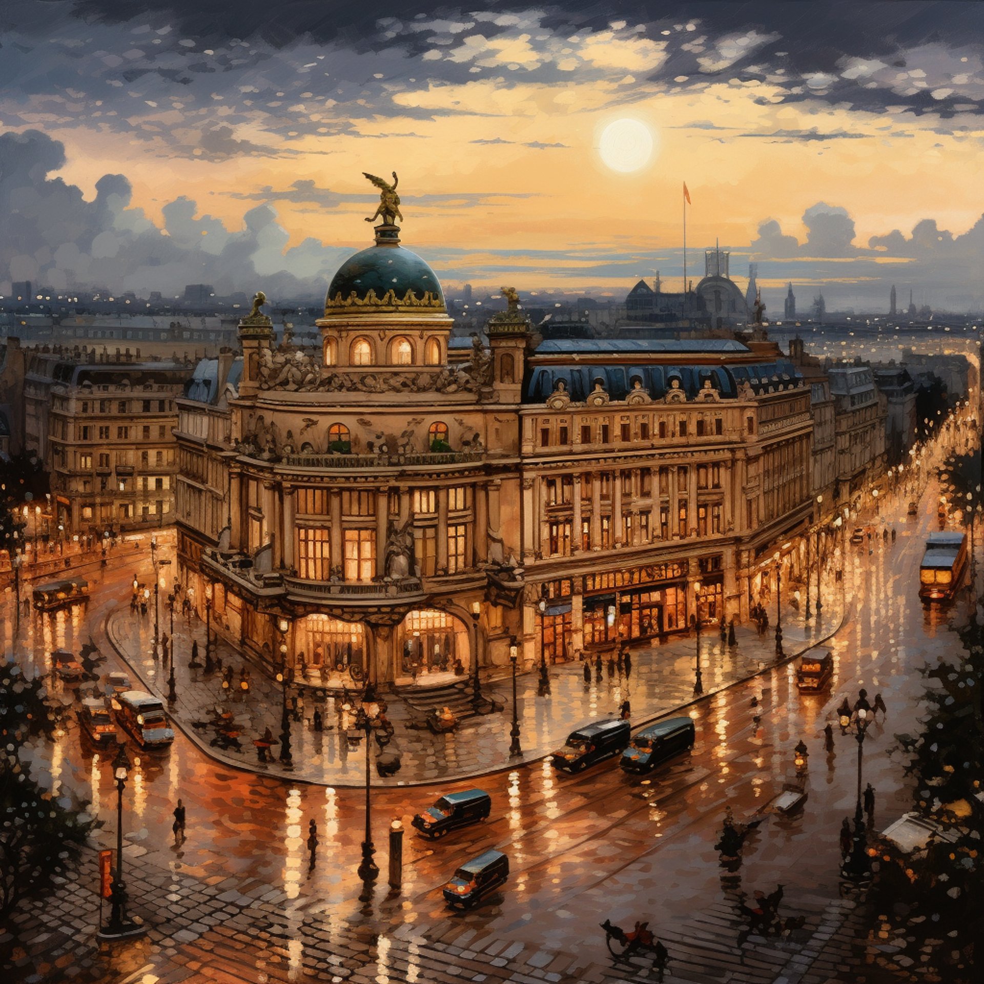 Sunset view of an ornate historic building with a dome and statue, wet streets reflecting city lights.