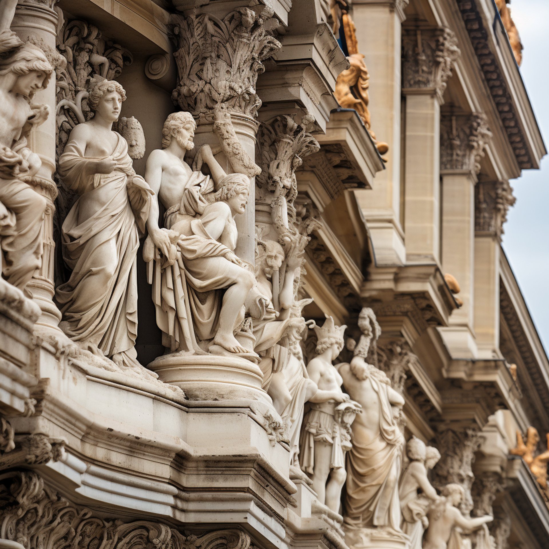 Ornate classical sculptures on a building facade.