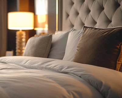 a bedroom with a large bed and a lamp