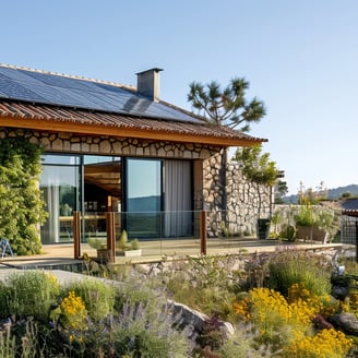 An eco-friendly house with solar panels on the roof and flower trees around it