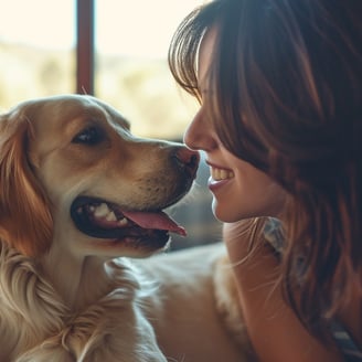 A woman and her dog looking at each other