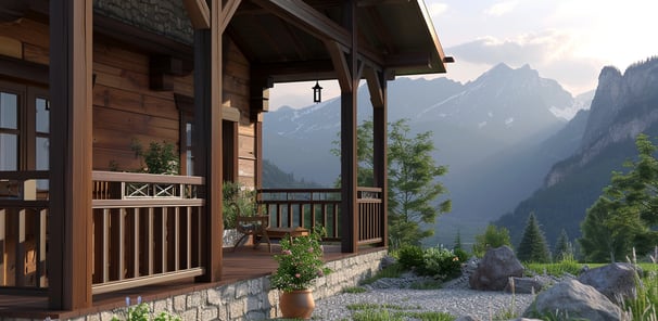 Cozy cottage with wooden balcony set against a mountainous backdrop, inviting tranquil living.