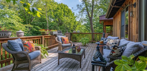 Personalized deck area with rustic charm and vibrant plant decorations, showcasing comfortable outdoor living.