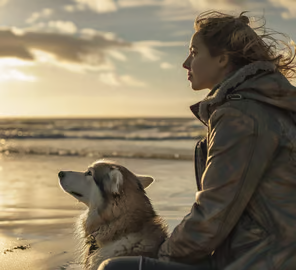 a woman and her dog watching the sunset at the pet-friendly North Litchfield Beach, SC