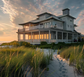 wide shot of a family vacation rental in Pawleys Island, South Carolina wide shot of a family vacation rental in Pawleys Island, South Carolina