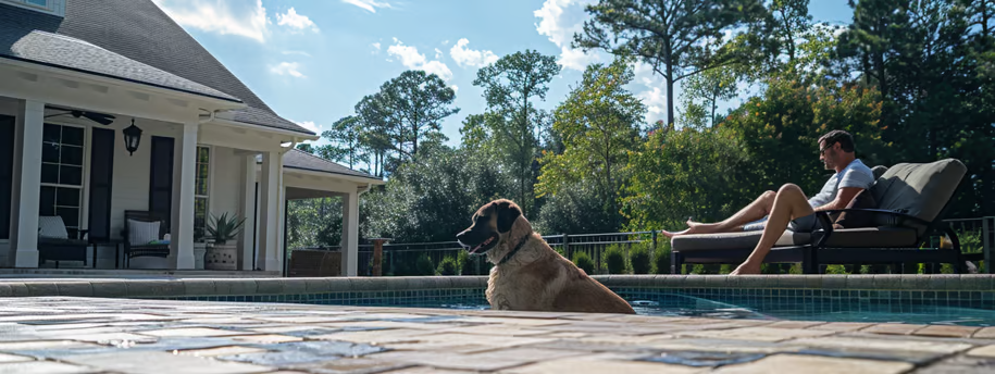 a dog and its two owners enjoying the backyard pool area of their vacation rental in Pawleys Island
