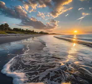 the crashing waves at sunset in Pawleys Island Beach