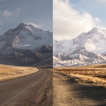 Scenic view of mountains with winding road cutting through landscape, showcasing natural beauty and tranquility.