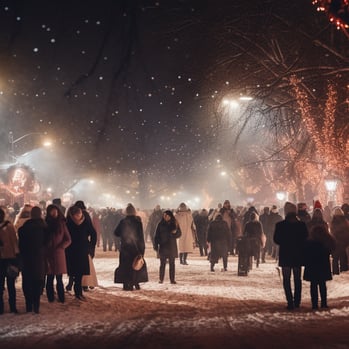 A group of people walking through snowy landscape at night, with snowflakes falling around them.