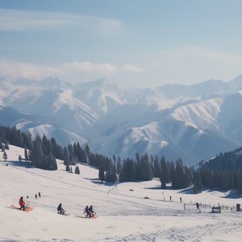 Skiers enjoying a snowy slope in the mountains, surrounded by pine trees and a clear blue sky.