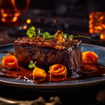 A piece of meat on a plate with sauce.