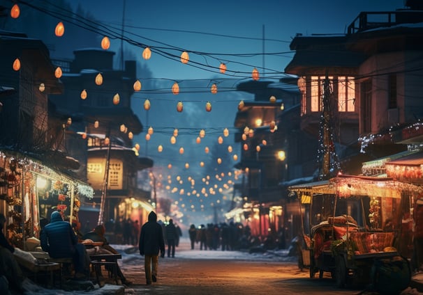 A bustling city street at night, with pedestrians walking under the glow of streetlights.