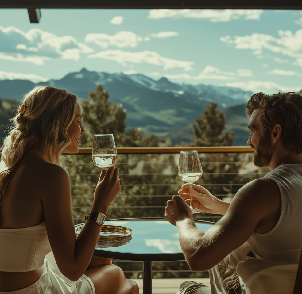 a man and woman sitting at a table with wine glasses