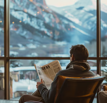 a man sitting in a chair at a hotel with a newspaper