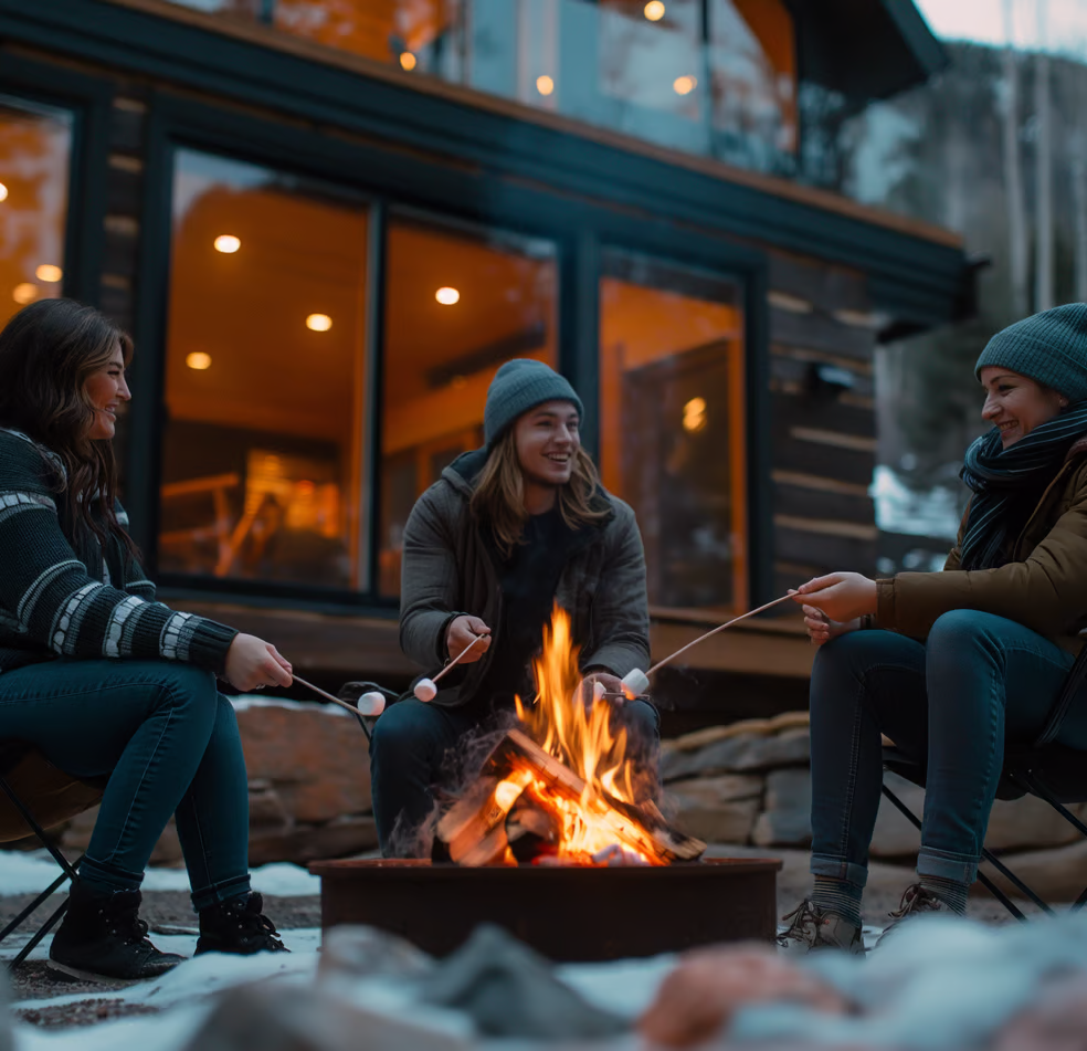 a couple of people sitting around a campfire