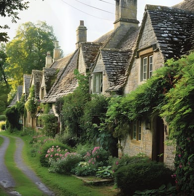 A country cottage style house with a driveway leading to a driveway in Bibury, England
