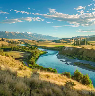 A river flowing through a valley with mountains in the background in Canterbury, New Zealand