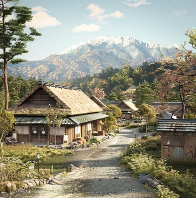 A small village with a mountain in the background in Oshika, Japan