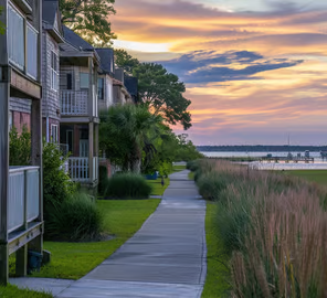 pet-friendly waterfront walkway beside an apartment complex in Pawleys Island