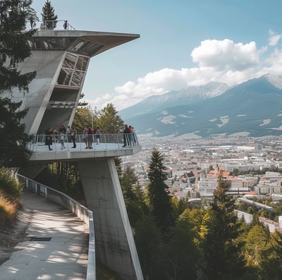 A group of people standing on a bridge over looking at a city