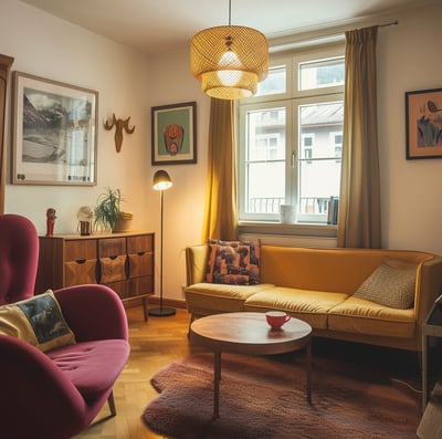 A living room with a couch and a table of a holiday home in innsbruck, austria