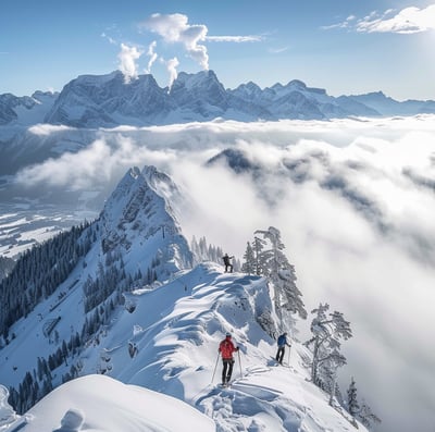 A group of people skiing down the Nordkette Mountains in Innsbruck, Austria