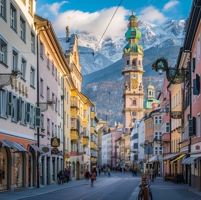 People walking along the street of Innsbruck Old Town in Austria