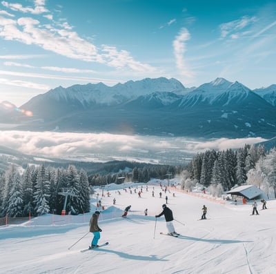A group of people skiing down the Seefeld Ski Area in Innsbruck, Austria