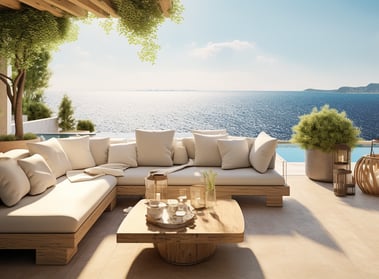 a couch with pillows and pillows on a patio