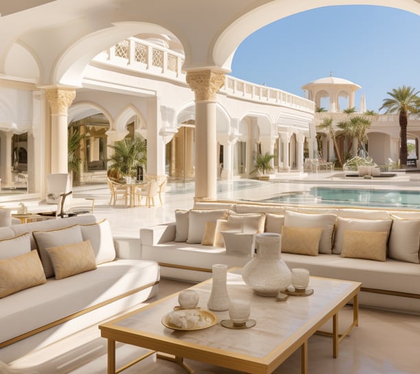 a large pool with lounge chairs and a view of the ocean