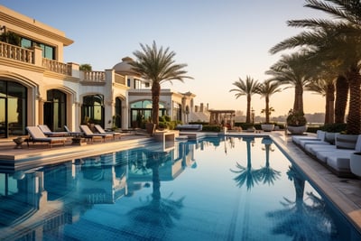 A pool with lounge chairs and palm trees