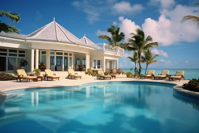 A pool with lounge chairs and a gazeboar