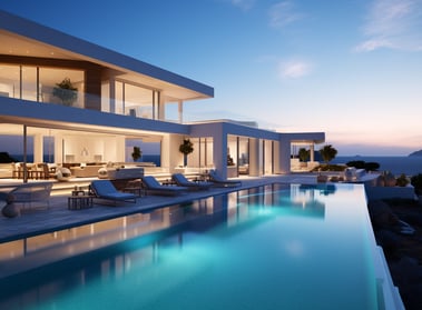 a large pool with lounge chairs and a view of the ocean