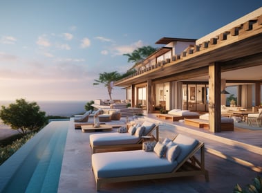 a large pool with lounge chairs and a view of the ocean